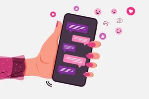 Hand of woman holding a mobile phone with message bubble chats on screen. Social media, chat with friends and send emotion icons. vector
