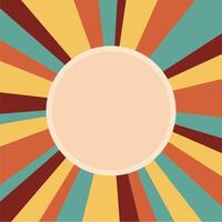 Vintage 70s disco vinyl record cover template square illustration with stripes in retro beige, orange, teal and brown colors. Abstract rainbow background with circle round frame for copy space vector