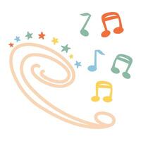 Musical notes, stars and staff line vintage colored illustration set for simple music and dance design, swirl tunes in retro style and pastel beige, blue, green and orange colors vector