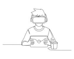 A person wearing virtual reality goggles, holding a tablet in one hand and a cup in the other, seated at a table or desk, engaging with both devices. Continuous line drawing style for technology theme vector
