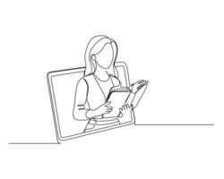 continuous line drawing of a person reading a book, emerging from an open laptop screen. This represents the concept of online learning or the blending of technology and traditional reading vector