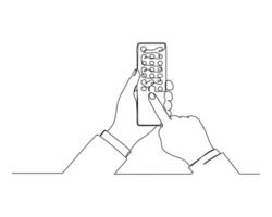 continuous line drawing of two hands holding a remote control and pressing a button. The minimalistic style captures the simplicity and focus of the action vector
