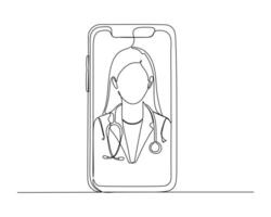 continuous line drawing of a smartphone displaying an illustration of a healthcare professional medical doctor, with a stethoscope around the neck representing telemedicine or virtual healthcare vector