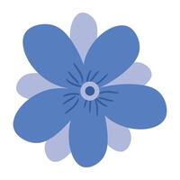 A stylized blue flower with six rounded petals and a small, dark center for floral and decorative theme illustration. vector