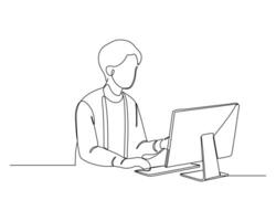 An individual sitting at a desk, using a desktop computer, focusing on the screen with one hand on the mouse and the other on the keyboard. Technology in business concept and illustration vector