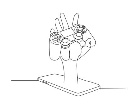 continuous line drawing of a hand emerging from a smartphone or tablet, holding a game controller. This image combines elements of technology and gaming vector