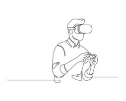 A person using virtual reality equipment, wearing a VR headset and holding controllers in both hands. The individual is engaged in an immersive experience. Continuous line drawing style for technology vector