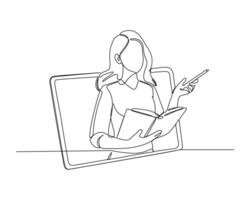 continuous line drawing of a person teaching or presenting, holding an open book and framed within a computer screen, online or virtual communication technology illustration vector