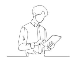 continuous line drawing of a person holding and looking at a tablet. The individual is depicted from the waist up, wearing a shirt with rolled-up sleeves, and appears engaged with the tablets content vector