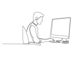 Minimalist line drawing of a person working on a computer at a desk. Ideal for business, technology, and remote work concepts. Clean, modern design perfect for illustrations and infographics vector