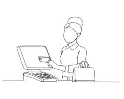 A continuous line drawing of a person standing at a checkout counter, holding a credit card and interacting with an open laptop on the counter. A purse or bag is also on the counter vector