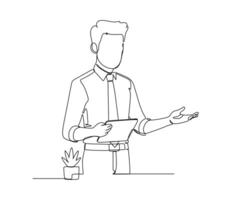 continuous line drawing of a person standing behind a desk or counter, wearing headphones, holding a tablet in one hand, and gesturing with the other. vector