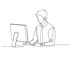 A continuous line drawing of a person sitting at a desk, using a computer. The individual is shown in profile view, facing the screen with hands on the keyboard. Minimalistic style vector
