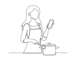 A person standing, stirring a pot with one hand and holding a smartphone in the other. The individual appears to be multitasking, combining cooking with using a digital device vector