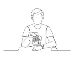 continuous line drawing of a person sitting at a table, holding a TV remote control. The individual appears focused on the task at hand. Minimalistic style vector