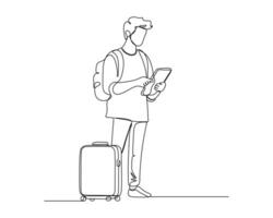 Continuous line drawing of a person standing with a backpack on one shoulder, holding a tablet or electronic device, and a piece of wheeled luggage beside them. technology and modernity of travel vector