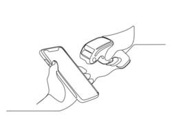 continuous line drawing of a hand holding a smartphone, with a POS infrared scanner aimed at the screen to scan a QR code for contactless payment. modernity of the transaction technology vector