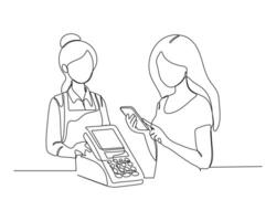 A cashier and a customer at a checkout counter. The cashier operates the register while the customer holds a payment card, ready to complete the transaction. Minimalistic line drawing style vector
