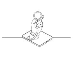 Minimalist line drawing of a hand holding a stethoscope emerging from a tablet screen, representing virtual health and telemedicine. Ideal for healthcare, technology, and digital health concepts vector