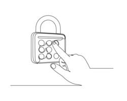 continuous line drawing of a hand interacting with a padlock with a circular interface and several buttons. The thumb is pressing one of the buttons on the lock. Minimalist technology illustration vector