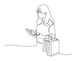A person standing and looking at a smartphone, holding a round object in the other hand. Several vertical lines near the bottom right corner suggest books or boxes. Minimalistic line drawing style vector