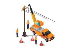 isometric installing electricity poles using heavy equipment, white background suitable for drawing books and related digital assets vector