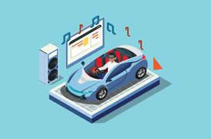 illustration of watching videos in the car and using green energy, isometric 3d style vector