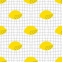 Groovy style lemons seamless pattern on grid distorted background. Hippie aesthetic print for fabric, paper, textile. Hand drawn geometric illustration. vector