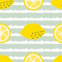 Exotic lemons fruits seamless pattern on abstract striped background. Perfect art print for banner, card, textile, fabric, paper, sale. Hand drawn illustration. vector