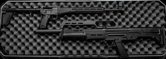 Modern pump action 12 mm smoothbore shotgun and a folding 9 mm rifle on a gray foam back. Weapon in an open case. photo
