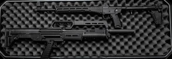Modern pump action 12 mm smoothbore shotgun and a folding 9 mm rifle on a gray foam back. Weapon in an open case. photo