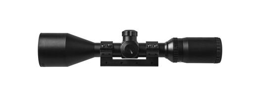 modern black optical scope for weapon isolated on whited. sight scope isolated on white back. photo