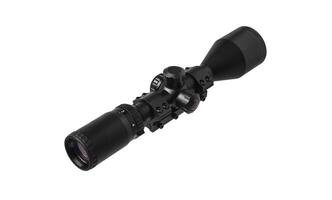 modern black optical scope for weapon isolated on whited. sight scope isolated on white back. photo