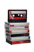 Close-up of many audio tapes. Analog storage medium. Cassettes for audio recordings and music. Isolate on a white back photo
