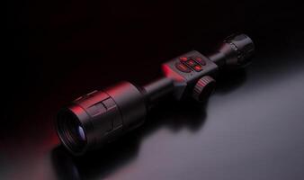 Modern sniper scope on a dark back. Optical device for aiming and shooting at long distances. photo