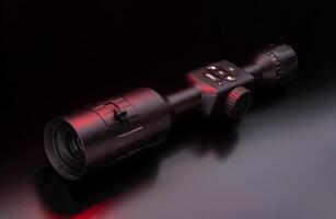 Modern sniper scope on a dark back. Optical device for aiming and shooting at long distances. photo