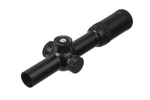 modern black optical scope for weapon isolated on whited. sight scope isolated on white back. photo