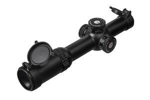 modern black optical scope for weapon isolated on whited. sight scope isolated on white back. photo