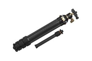 Small modern lightweight carbon tripod. Foldable tripod for photo and cameras. Isolate on a white back.