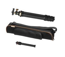 A small modern lightweight carbon tripod with a case for storage and transportation. Foldable tripod for photo and cameras. Isolate on a white back.