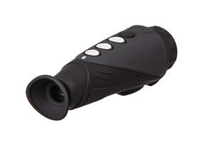 modern black optical scope for weapon isolated on whited. sight scope isolated on white back. photo