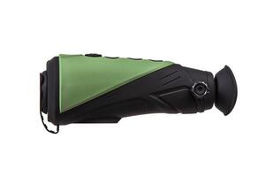 modern black green optical scope for weapon isolated on white. sight scope isolated on white background photo