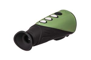 modern black green optical scope for weapon isolated on white. sight scope isolated on white background photo