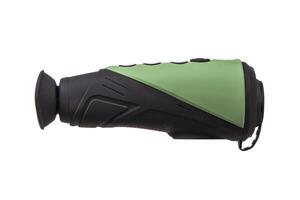 modern black green optical scope for weapon isolated on white. sight scope isolated on white background photo