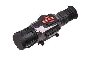 modern black optical scope for weapon isolated on whited. sight scope isolated on white back. photo