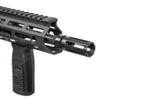 Close-up of a flame arrester. A modern automatic carbine without sights and with an additional handle. Isolate on a white back photo