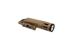 Modern LED flashlight with weapon mount. Underbarrel tactical flashlight isolate on white back. photo