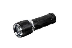 Modern metal LED flashlight in black color. Portable flashlight isolate on a white back photo