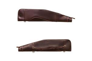 Brown leather case for weapons isolate on a white background. Luxury chesol for storage and transportation of hunting rifles. photo
