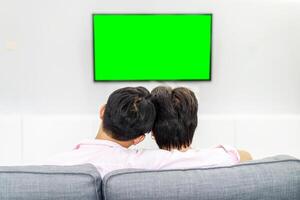 Back view of young two friends or gay couple relaxing on a couch watching movie on a TV in the living room at home, LGBTQ and diversity photo